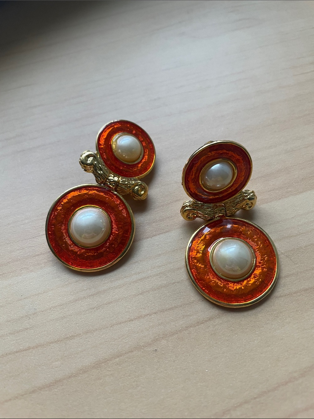 Gold-Tone Orange Enamel Pearl Drop CLIPON Earrings